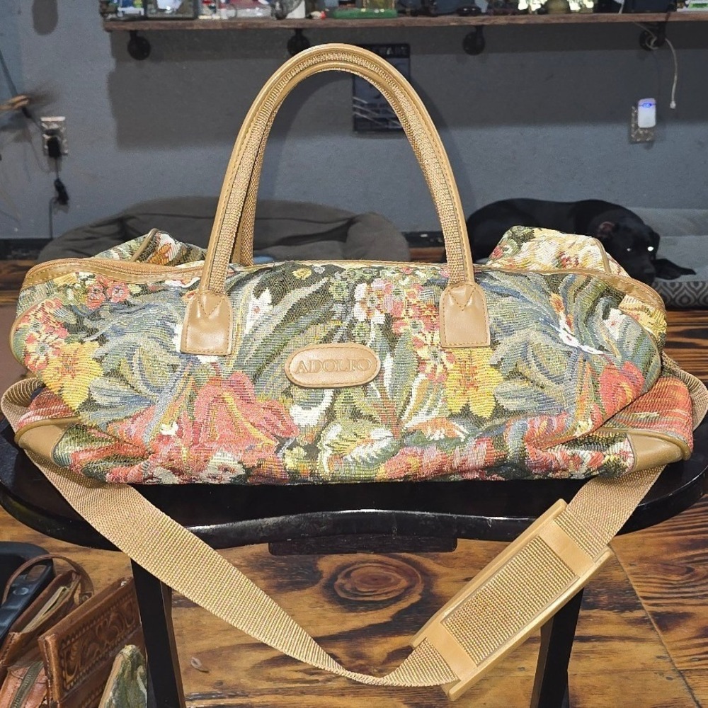 Adolfo Vintage Tapestry Duffel Bag Floral Garden Travel Set‎ with Matching Pouch